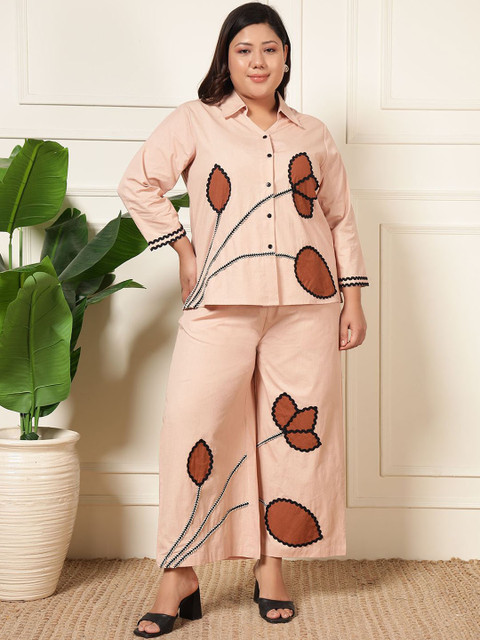 DEEBACO Plus Size Embroidered Pure Cotton Shirt With Trouser