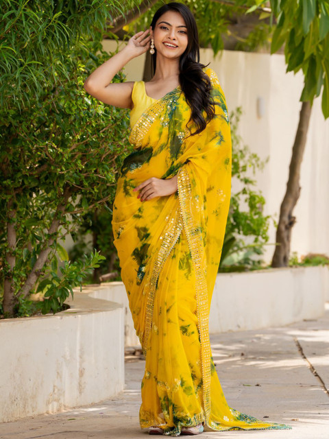 PRETTY PALLU Tie and Dye Mirror Work Pure Chiffon Saree