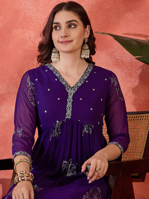 Sangria Embroidered V-Neck Anarkali Georgette Kurta & Trousers