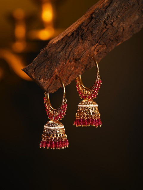 Anvik Gold-Plated Artificial Stones Studded & Beaded Dome Shaped Jhumkas