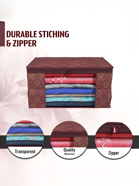 Aura Maroon & Beige 9 Pieces Non-Woven Saree Cover 9 Inch Clothes Bag - Image 3