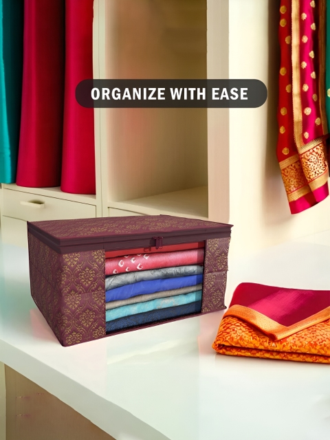 Aura Maroon & Beige 9 Pieces Non-Woven Saree Cover 9 Inch Clothes Bag - Image 4