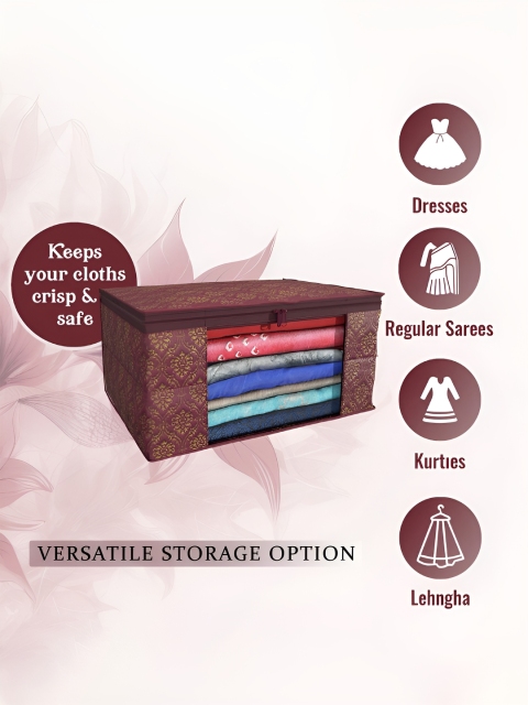 Aura Maroon & Beige 9 Pieces Non-Woven Saree Cover 9 Inch Clothes Bag - Image 5