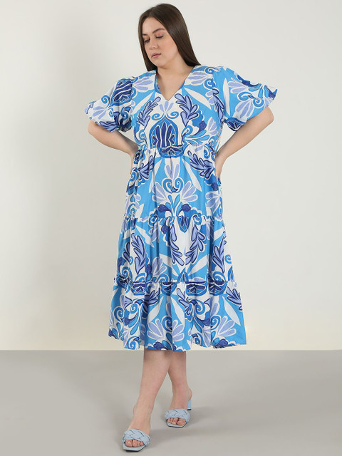VERO MODA CURVE Women Plus Size Printed Puff Sleeve Fit & Flare Midi Dress