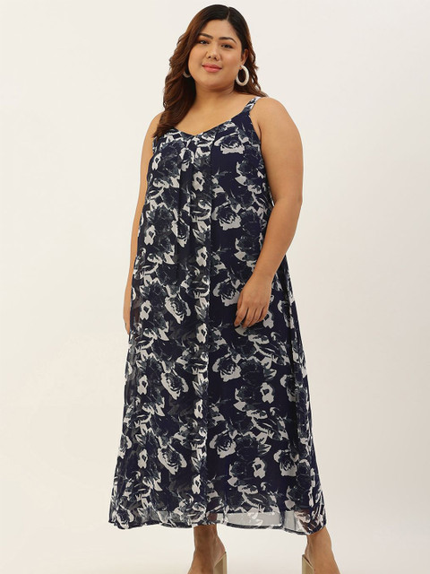 theRebelinme Women Plus Size Floral Printed Georgette A-Line Midi Dress