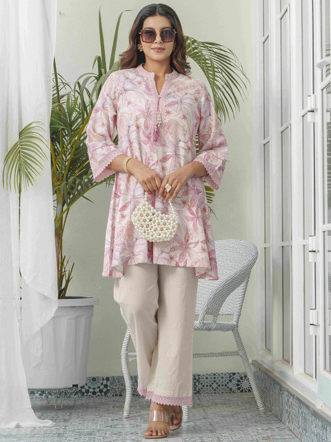 Sangria Floral Printed Mandarin Collar Linen Tunic With Trousers