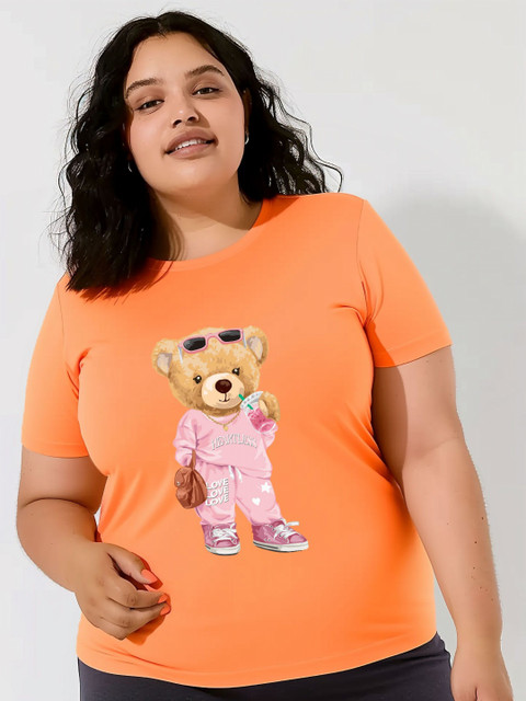 Toodle Plus Women Printed Round Neck Pure Cotton Plus Size Oversized Tshirt