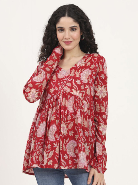 Divena Red Floral Printed V Neck Cotton Top