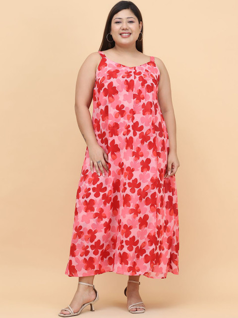 theRebelinme Women Floral Print Georgette A-Line Midi Plus Size Dress