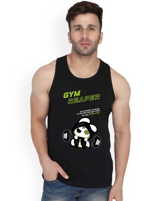 SLOWLORIS Men Printed Super Combed Cotton Gym Vest VSL26 GYM BLACK