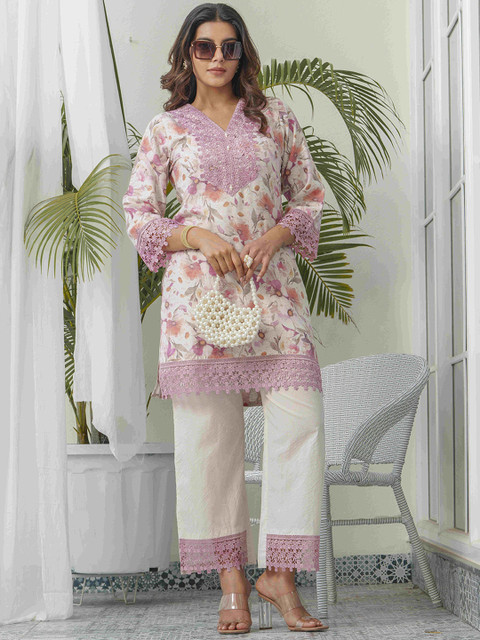 Sangria Floral Printed V-Neck Linen Tunic With Trousers