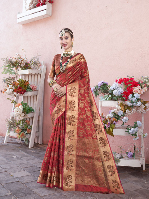 Anouk Rustic Ethnic Motifs Woven Design Zari Organza Banarasi Saree