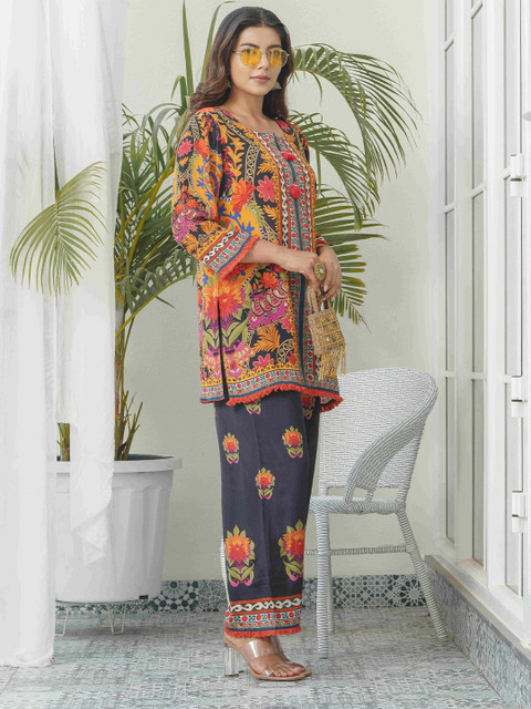 Sangria Traditional Printed Round Neck Tunic & Trousers Co-Ords - Image 2