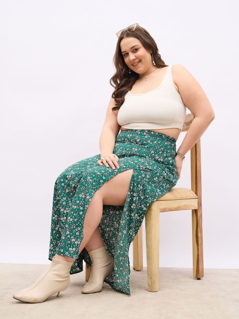Berrylush Curve Floral Print High-Rise Side Slit Flared Maxi Skirt - Image 5