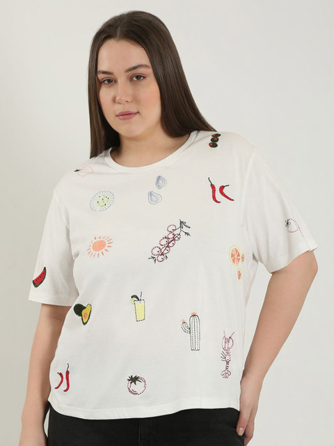 VERO MODA CURVE Women Plus Size Conversational Printed Round Neck Cotton T-shirt