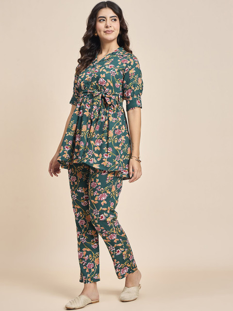 TRUVON FASHIONS Floral Printed Shirt Collar Tunic & Trousers - Image 4