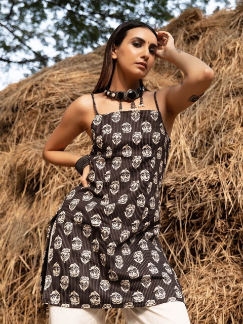 NISHORAMA Floral Printed Shoulder Straps Kantha Work Pure Cotton Straight Kurta
