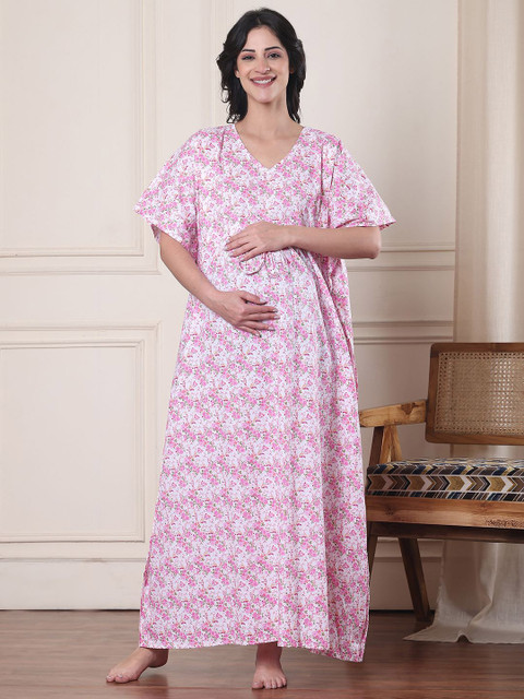 Secret Wish Floral Pure Cotton Maternity Kaftan Nightdress