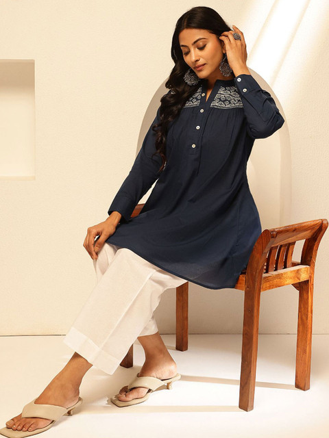 Vbuyz Women Mandarin Collar Cotton Longline Top