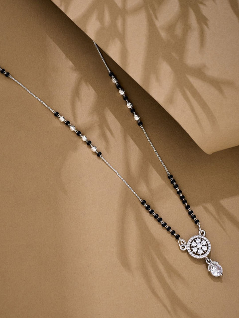 ATIBELLE Silver-Plated Artificial Stones Studded And Beaded Mangalsutra