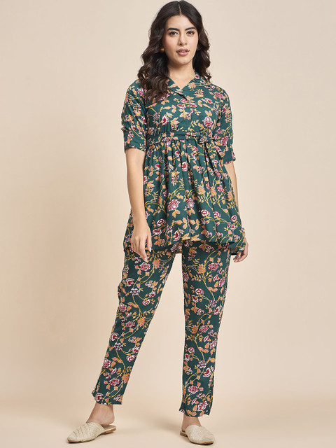 TRUVON FASHIONS Floral Printed Shirt Collar Tunic & Trousers