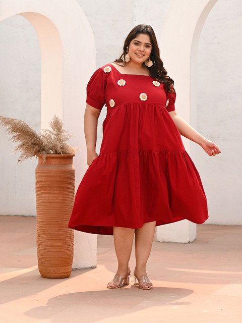 PrettyPlus by Desinoor.com Plus Size Maroon Quirky Sunflower Patch A-Line Dress