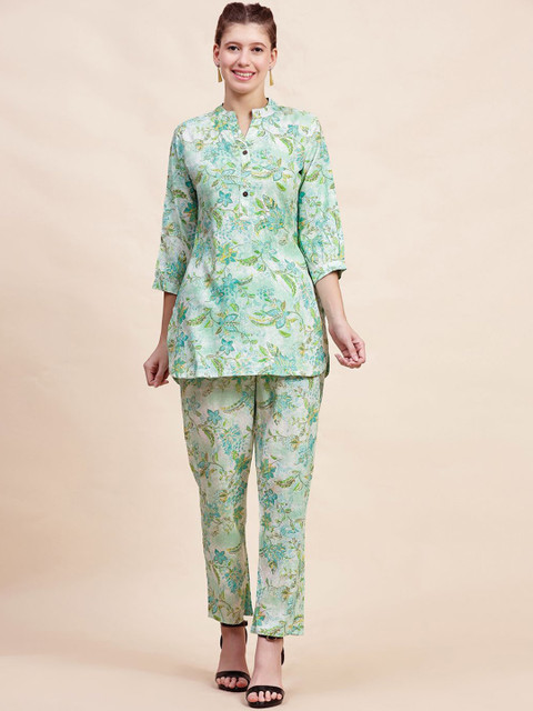 TRUVON FASHIONS Floral Printed Mandarin Collar Co-Ords