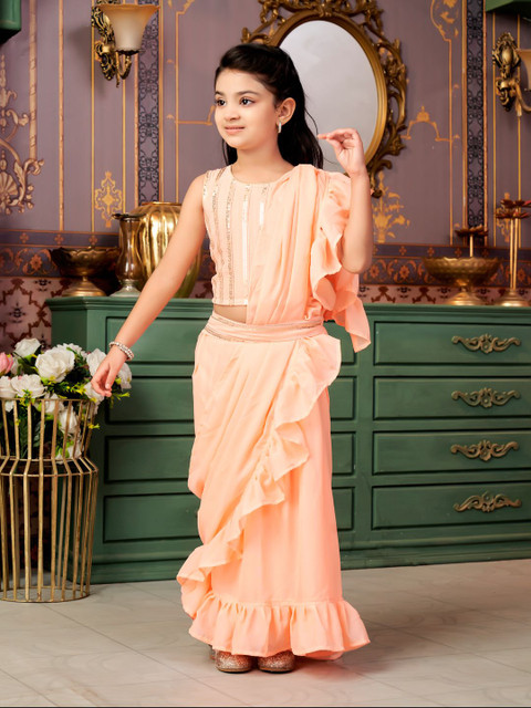 BAESD Girls Geometric Embroidered Sequinned Georgette Saree With Attached Dupatta