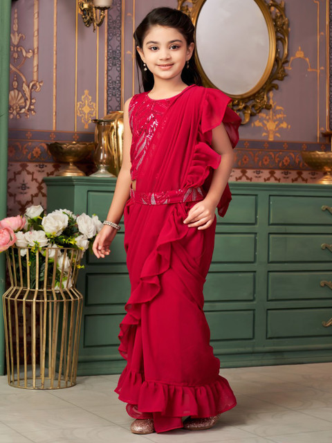 Sangria Kids-Girls Embroidery Sequinned Poly Georgette Ready to Wear Saree