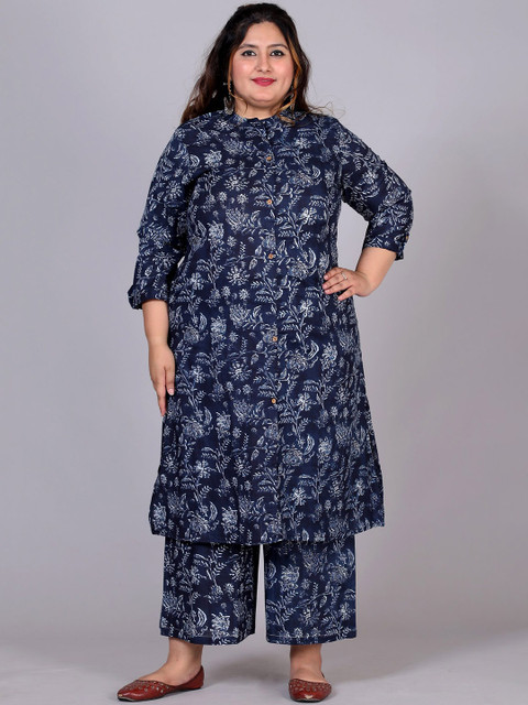 Gs Fashions Plus Size Printed Mandarin Collar Pure Cotton Tunic With Palazzo