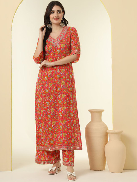 KALINI Floral Printed V-Neck Pure Cotton Straight Kurta With Palazzos