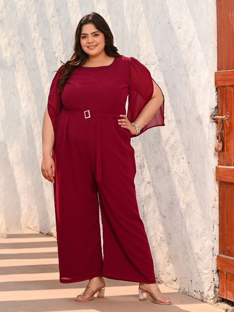 PrettyPlus by Desinoor.com Plus Size Wine Jumpsuit with Flared Slit Sleeves