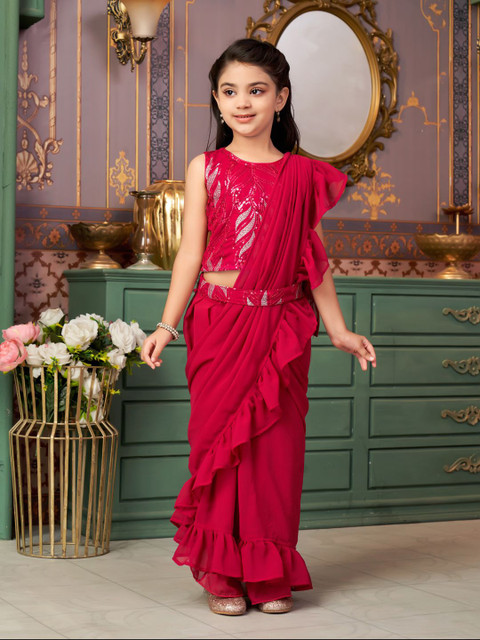 BAESD Solid Sequinned Party Belted Saree