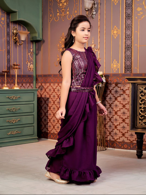 BAESD Girls Ruffled Saree With Sequin Embroidery Blouse - Image 3