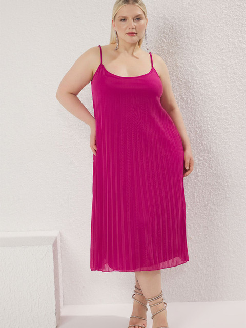 Trendyol Striped Shoulder Straps Pleated A-Line Midi Plus Size Dress