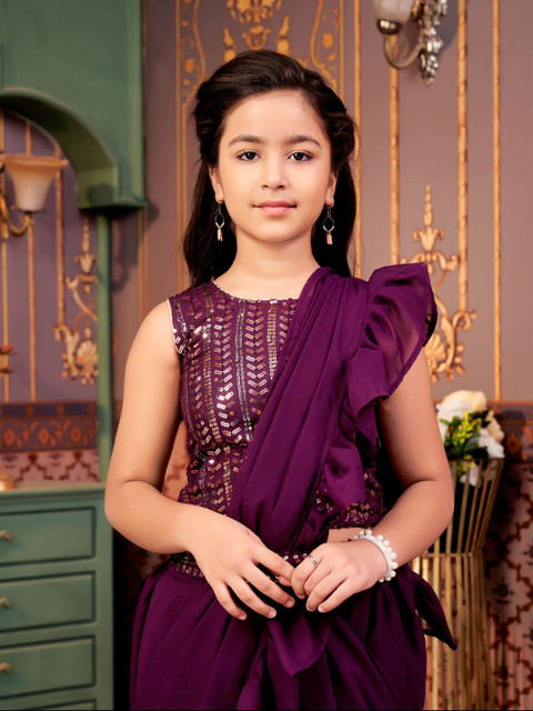 BAESD Girls Ruffled Saree With Sequin Embroidery Blouse - Image 2