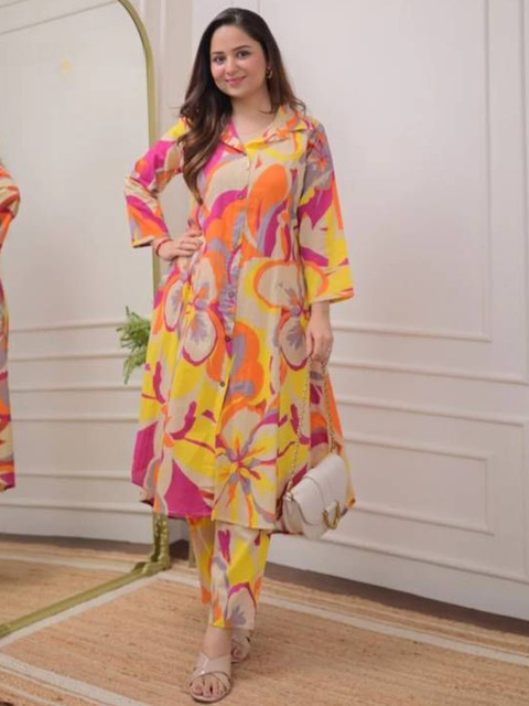 Black Teetar Printed Pure Cotton Tunic With Trousers