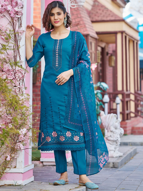VIBE VISION Floral Self Design Round Neck Pure Silk Kurta with Trousers & Dupatta