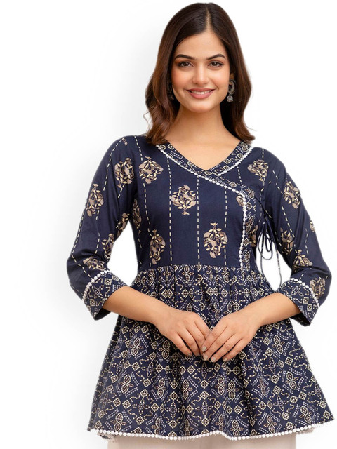DMP FASHION Floral Printed V-Neck Pure Cotton Angrakha Peplum A-Line Kurti