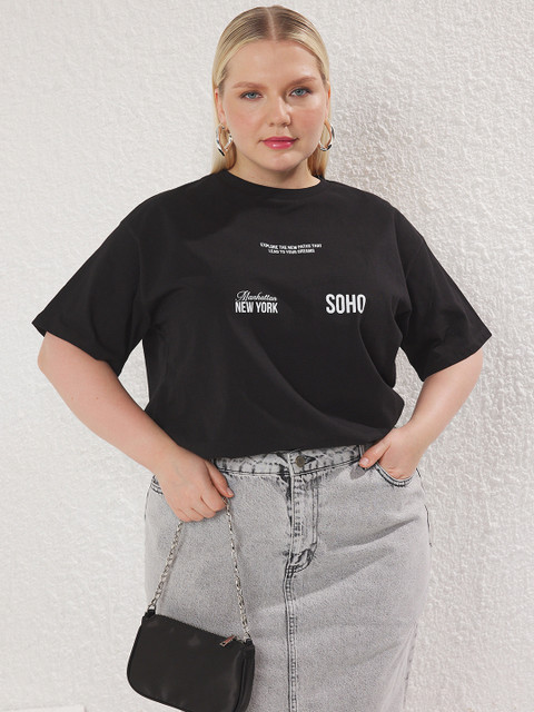 Trendyol Women Plus Size Typography Printed Round Neck Cotton Relaxed Fit T-shirt