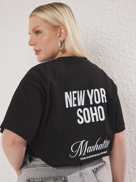 Trendyol Women Plus Size Typography Printed Round Neck Cotton Relaxed Fit T-shirt - Image 4