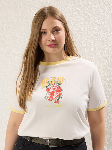 Trendyol Women Plus Size Graphic Printed Round Neck Cotton T-shirt