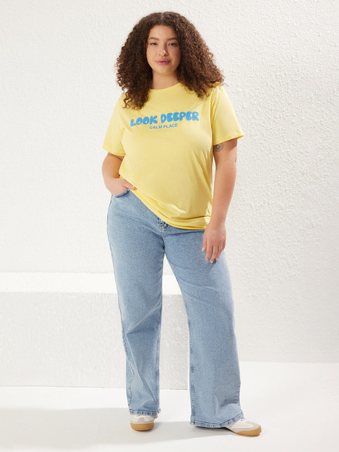 Trendyol Women Plus Size Typography Printed Round Neck Cotton Relaxed Fit T-shirt - Image 5