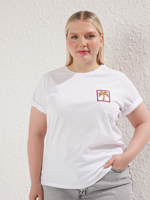 Trendyol Women Plus Size Graphic Printed Round Neck Cotton T-shirt