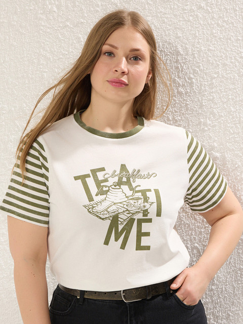 Trendyol Women Plus Size Typography Printed Round Neck Cotton T-shirt