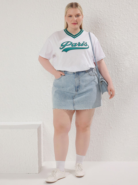 Trendyol Women Plus Size Typography Printed V-Neck Cotton T-shirt