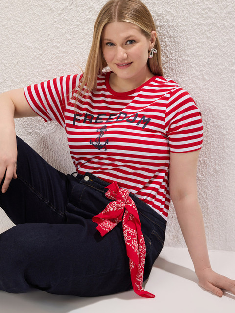 Trendyol Women Plus Size Striped Round Neck Oversized T-shirt