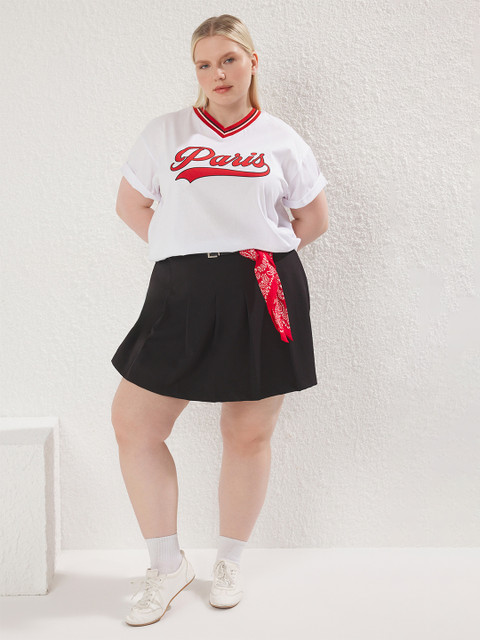 Trendyol Women Plus Size Typography Printed V-Neck Cotton T-shirt