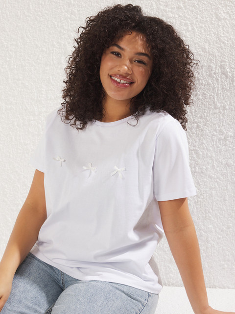 Trendyol Women Plus Size Solid Round Neck Cotton T-shirt