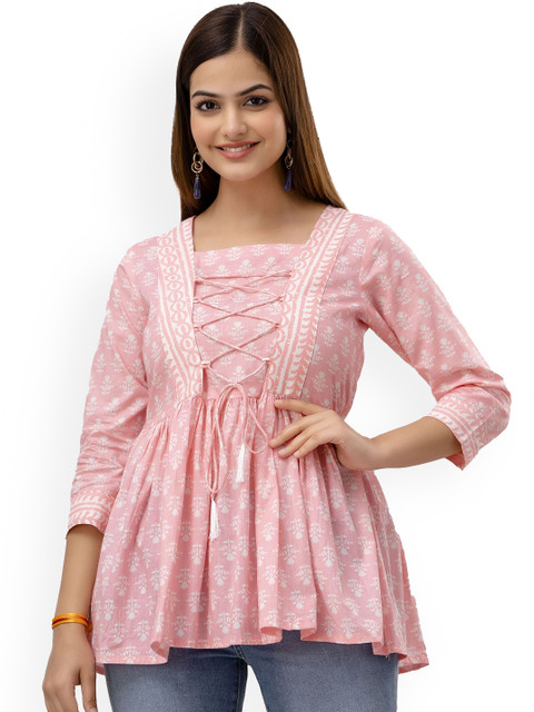 DMP FASHION Floral Printed Pure Cotton Square Neck Peplum Kurti